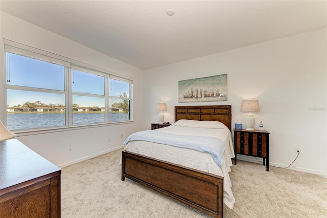 carpeted bedroom featuring a water view