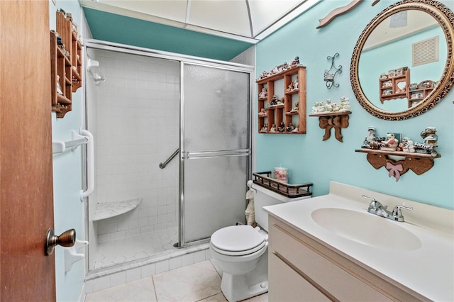 bathroom with tile patterned floors, vanity, toilet, and walk in shower