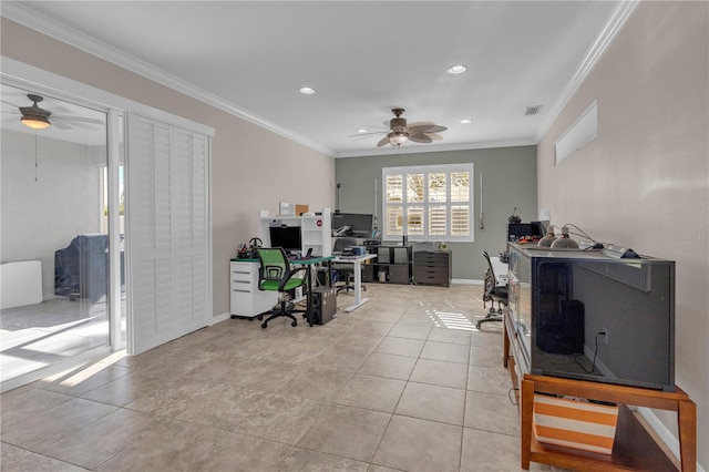 tiled office space with ceiling fan and ornamental molding