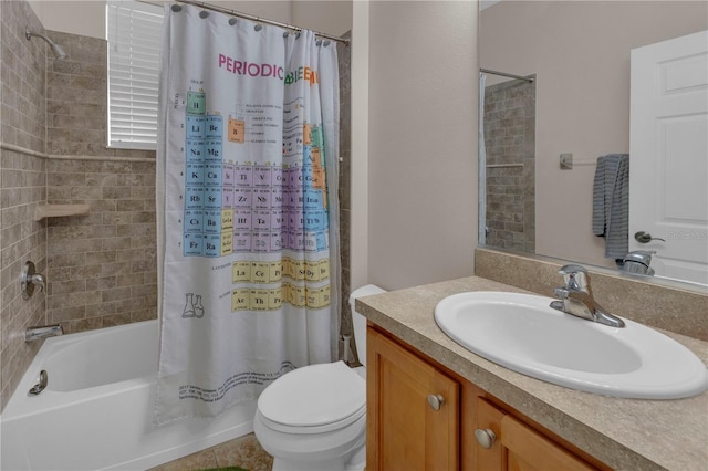 full bathroom with shower / tub combo, vanity, and toilet