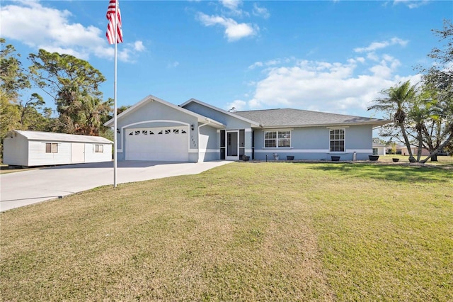 ranch-style home with a front yard and a garage