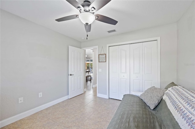 bedroom featuring ceiling fan and a closet