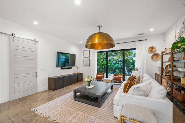 living room with a barn door