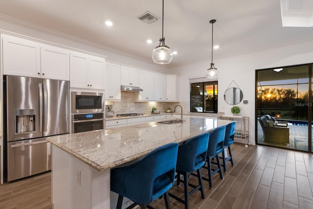 kitchen with sink, white cabinetry, stainless steel appliances, and a kitchen island with sink