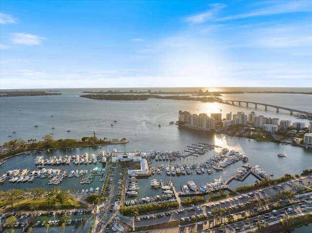 birds eye view of property featuring a water view