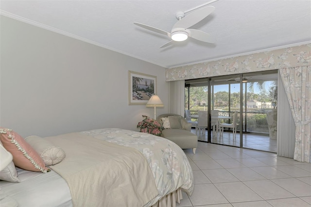 tiled bedroom featuring ceiling fan, access to exterior, and crown molding