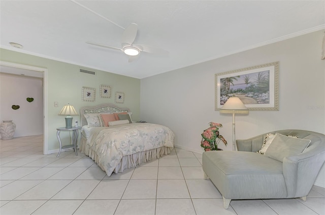 bedroom featuring light tile patterned floors, ceiling fan, and crown molding