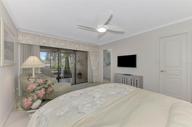 tiled bedroom with access to exterior, ceiling fan, and ornamental molding