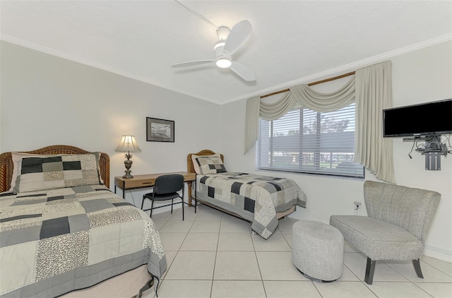 bedroom with ceiling fan, light tile patterned floors, and crown molding