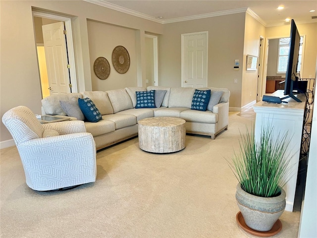 carpeted living room with ornamental molding