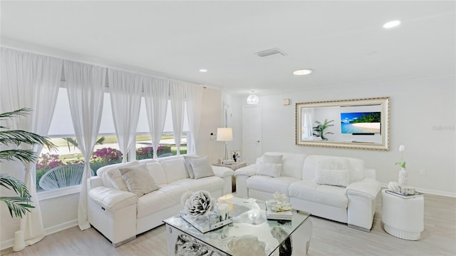 living room with ornamental molding and light hardwood / wood-style flooring