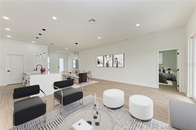 living room with light hardwood / wood-style flooring and sink