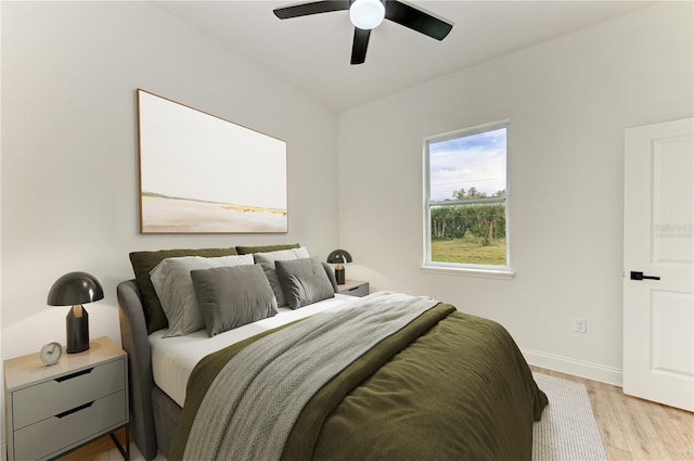 bedroom featuring ceiling fan and light hardwood / wood-style flooring