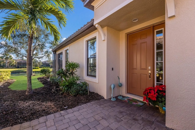 property entrance with a yard