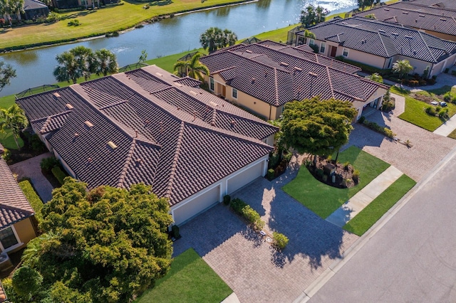 drone / aerial view with a water view