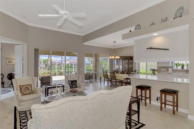 tiled living room featuring crown molding and ceiling fan with notable chandelier