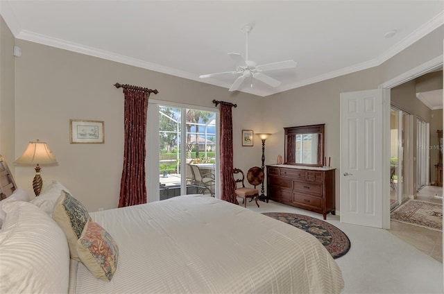 tiled bedroom featuring access to exterior, ceiling fan, and ornamental molding