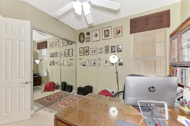 office area featuring carpet flooring and ceiling fan