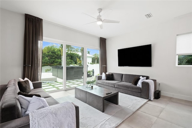 living room featuring ceiling fan