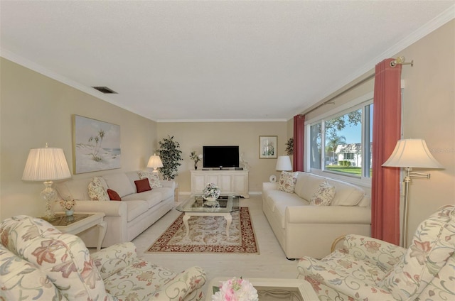 living room featuring crown molding