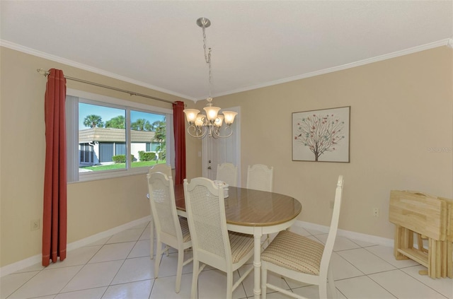 dining room with a chandelier, light tile patterned floors, and crown molding