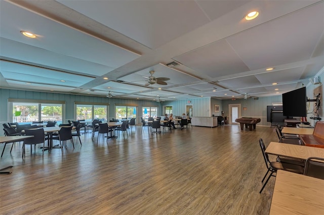 interior space with hardwood / wood-style floors, ceiling fan, billiards, and coffered ceiling