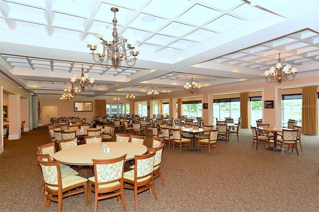 dining space with carpet, crown molding, and coffered ceiling