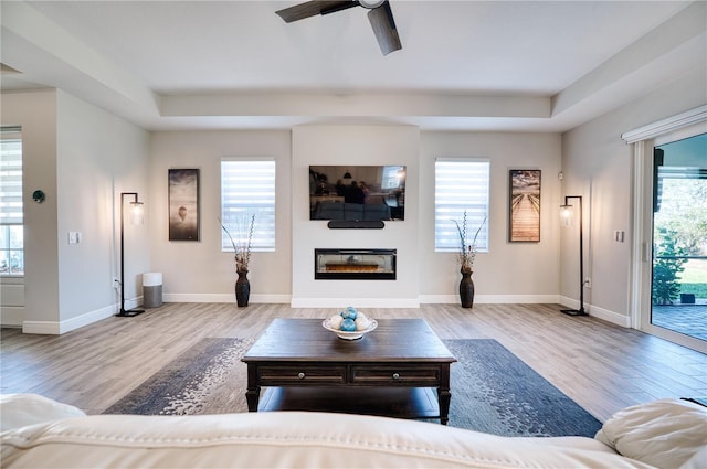 living room featuring light hardwood / wood-style floors, a raised ceiling, and plenty of natural light