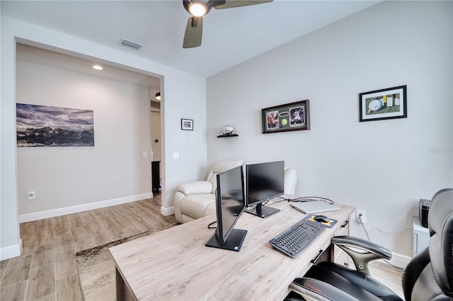 office featuring ceiling fan and light hardwood / wood-style floors