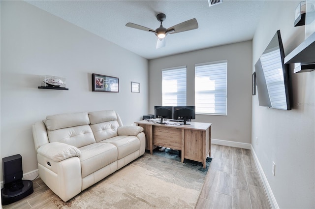 office space with a textured ceiling, light hardwood / wood-style flooring, and ceiling fan