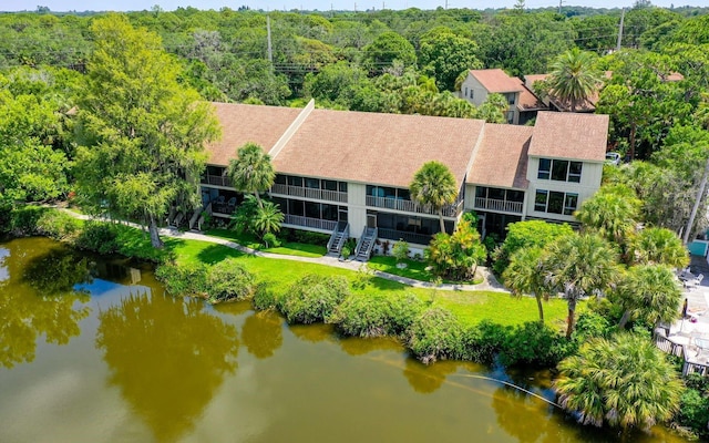 aerial view featuring a water view