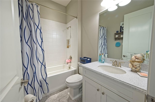 full bathroom featuring tile patterned floors, shower / tub combo with curtain, vanity, and toilet