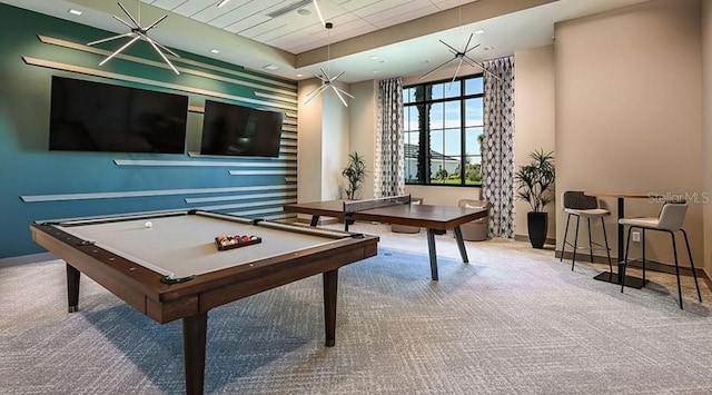 game room featuring carpet floors and pool table