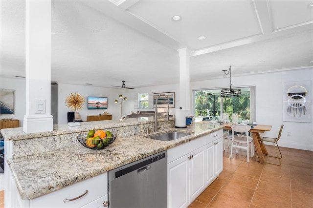 kitchen featuring white cabinets, ceiling fan, sink, a center island with sink, and dishwasher