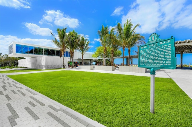 view of property's community featuring a yard and a water view