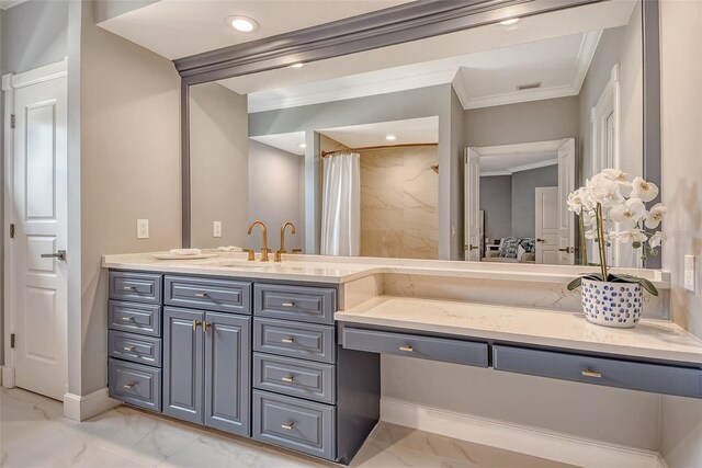 1541 Bay Point Dr, Sarasota, FL 34236 - ensuite bathroom with marble finish floors, ornamental molding, vanity, recessed lighting, and a shower with shower curtain
