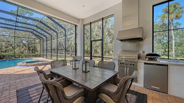 view of patio featuring a swimming pool with hot tub, a grill, glass enclosure, and area for grilling