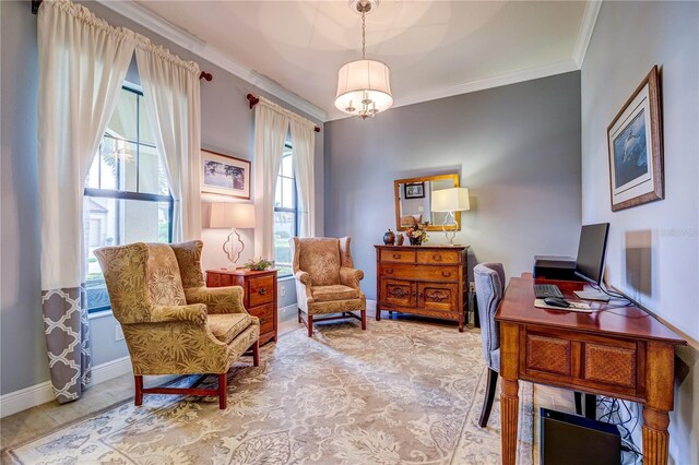 interior space featuring ornamental molding and a chandelier