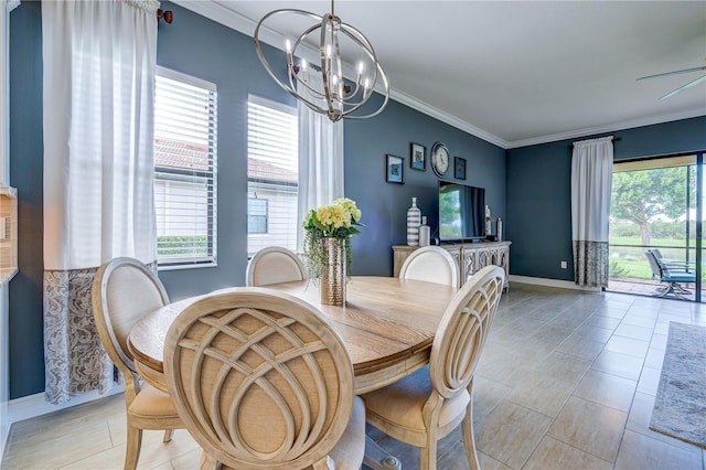 dining area with light tile patterned flooring, crown molding, and ceiling fan with notable chandelier