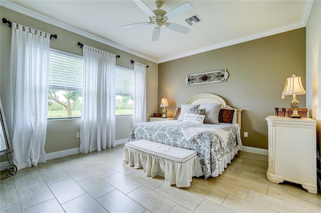 bedroom featuring ceiling fan and crown molding