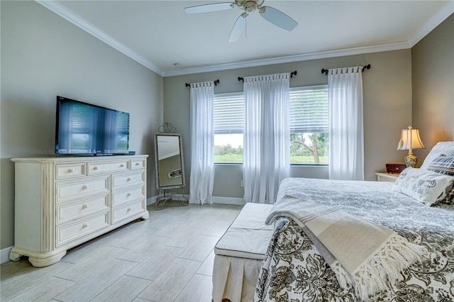 bedroom featuring ceiling fan and crown molding