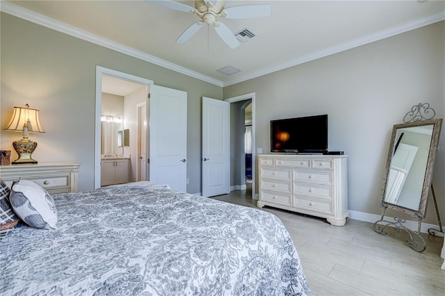 bedroom featuring ceiling fan, ensuite bathroom, and ornamental molding