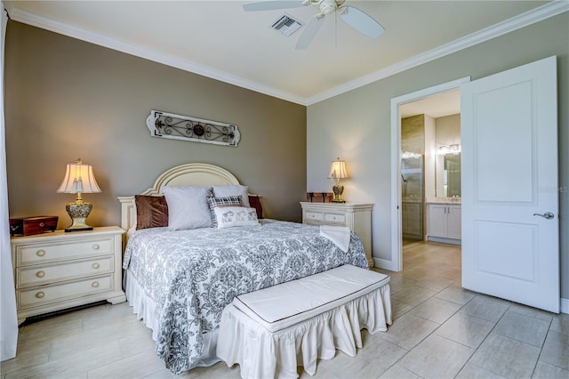 bedroom with ceiling fan, crown molding, and ensuite bath