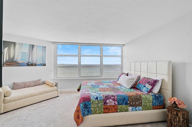 carpeted bedroom featuring a water view and a textured ceiling