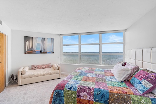 bedroom with carpet floors and a water view