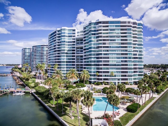 view of building exterior with a water view