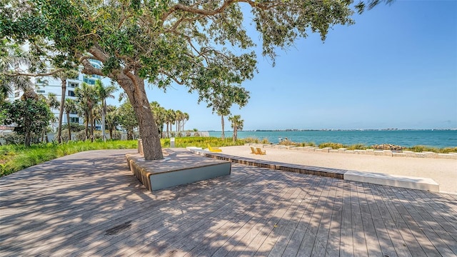 view of community with a deck with water view