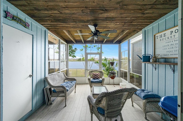 sunroom / solarium with ceiling fan and wood ceiling