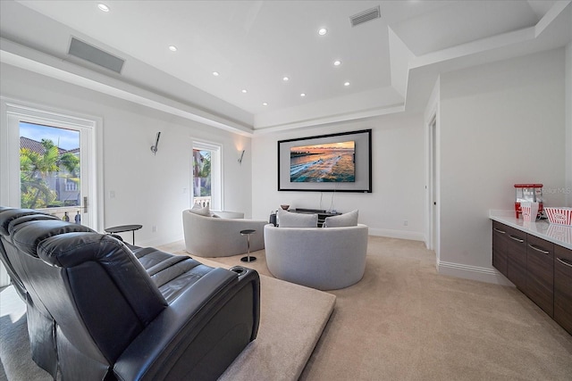 carpeted home theater room with a raised ceiling