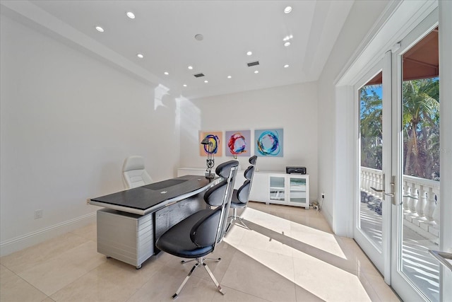 tiled office space with french doors